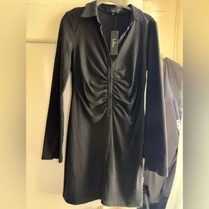 Lulu's Black Ruched Plunge Sheath Dress